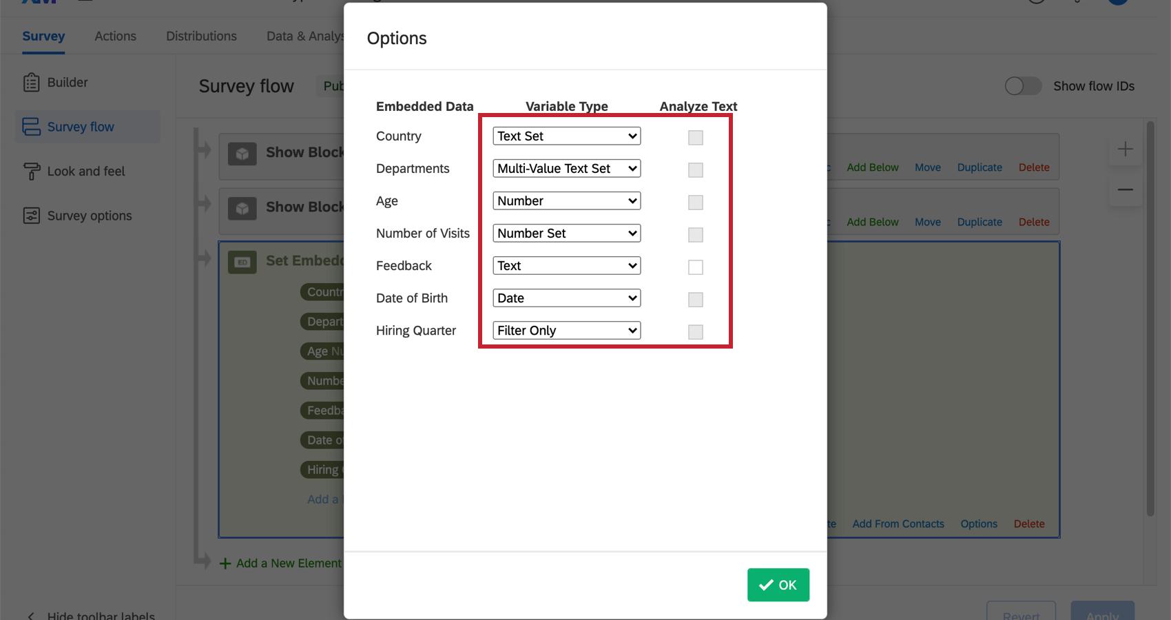 Em uma janela que lista dados integrados, coluna para tipos de variável com listas suspensas