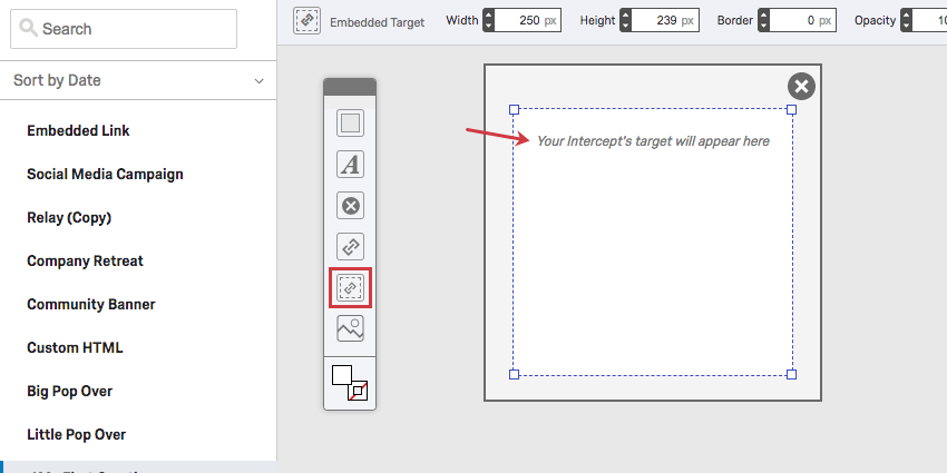 Icône de la Cible intégrée dans la barre doutils, un lien intégré dans une bordure en pointillés ; un élément qui dit La cible de votre Intercept apparaîtra ici