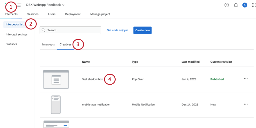 opening a pop over from the creatives menu