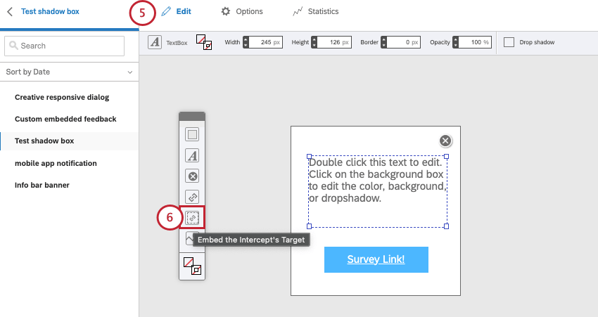 hovering over add embedded target button in floating toolbar
