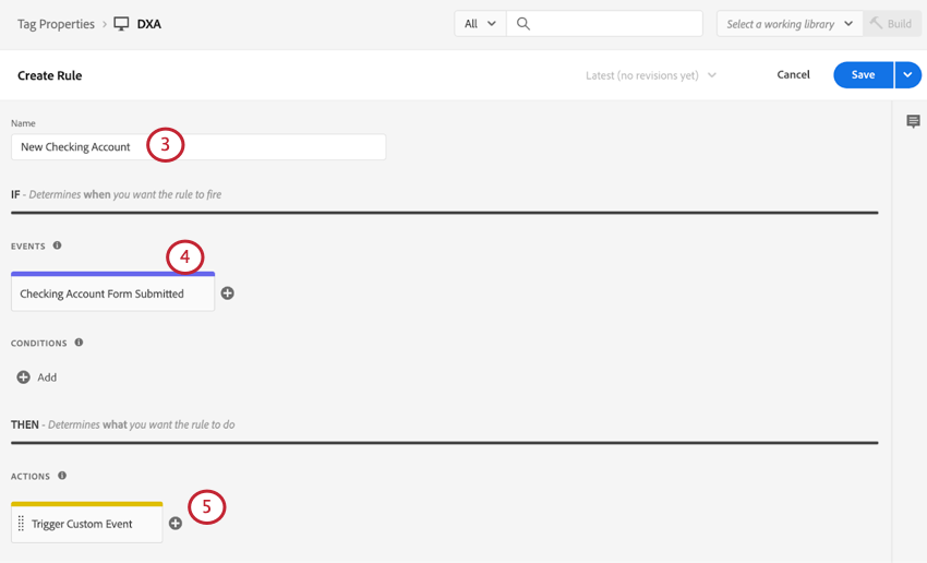 Die Bild zeigt Adobe Launch. Die Schnittstelle ist in drei Abschnitte unterteilt: 1. Der linke Abschnitt ist der Abschnitt **Eigenschaften**. Sie enthält den Namen der aktuellen Regel und eine Suchleiste für die Suche nach Regeln. 2. Der mittlere Abschnitt ist der Abschnitt **Regeln**. Sie enthält die Bedingungen und Aktionen für die Regel. 3. Der rechte Abschnitt ist der Abschnitt **Aktionen**. Sie enthält die Aktionen, die ausgeführt werden, wenn die Regel ausgelöst wird.