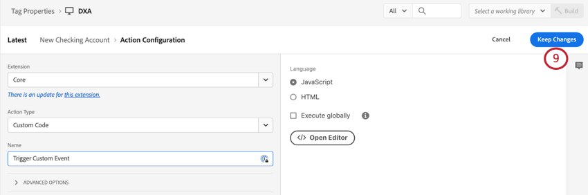 back to pae where you set the action to custom code. also a save button