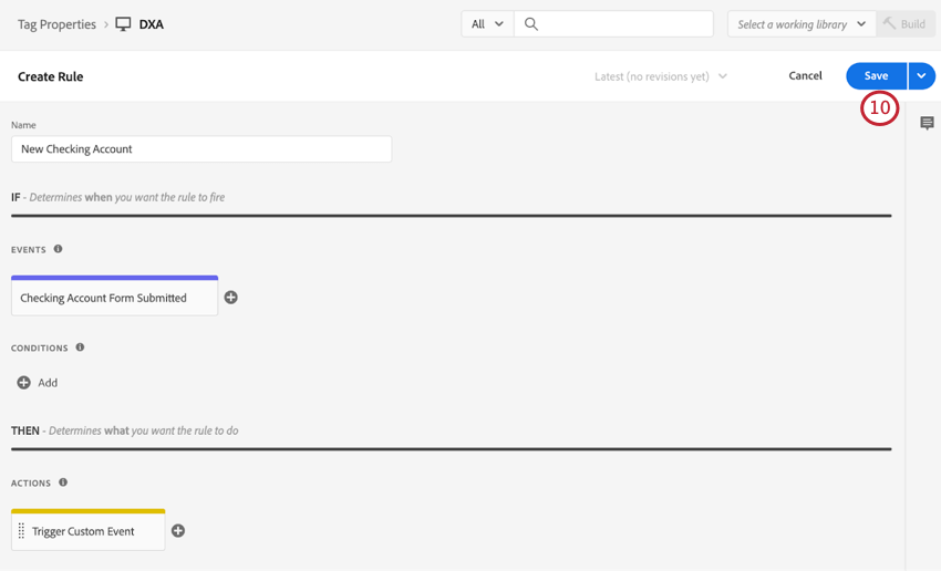 voltar ao editor evento personalizados, botão Salvar no canto superior direito aqui também