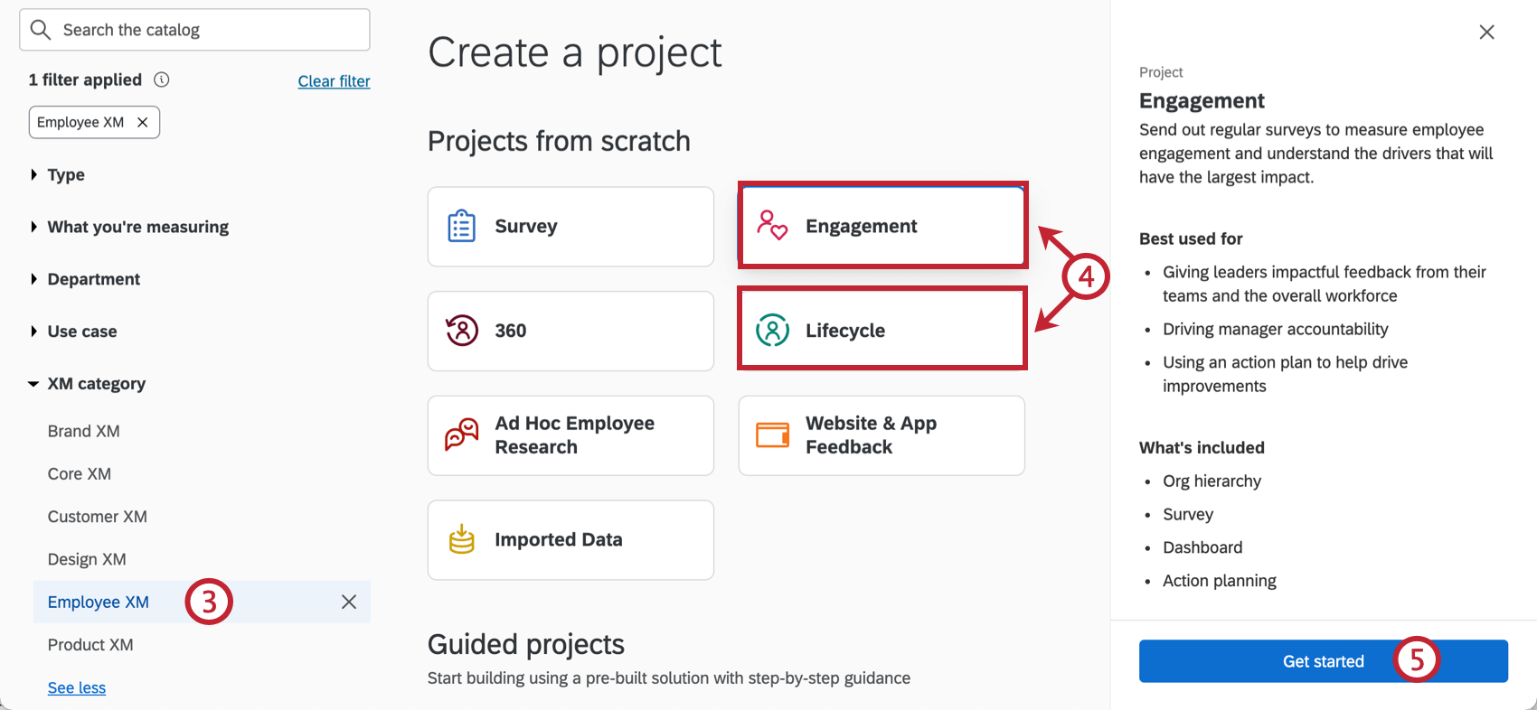 in the catalog, selecting employee xm, choosing engagement or lifecycle, and then clicking get started