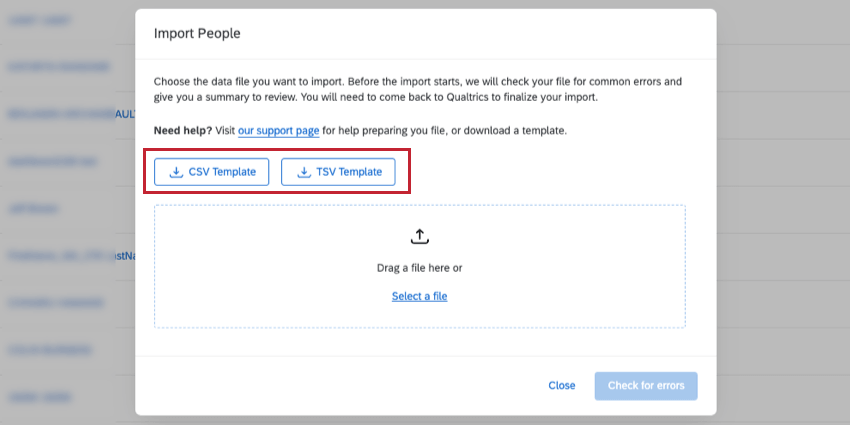 CSV and TSV templates in the import window