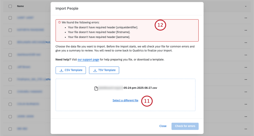 the import screen has an error