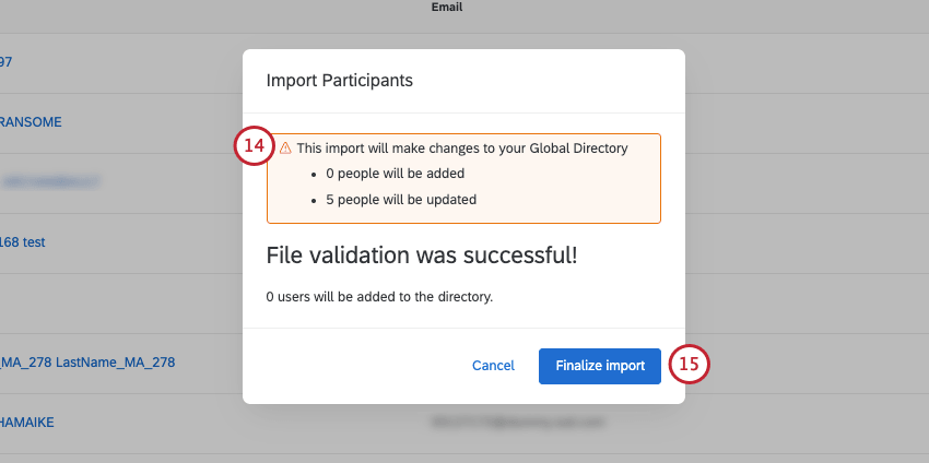 the import participants screen showing what changes will happen in the directory
