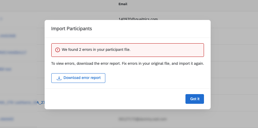 Red error warning message. Link to download errors