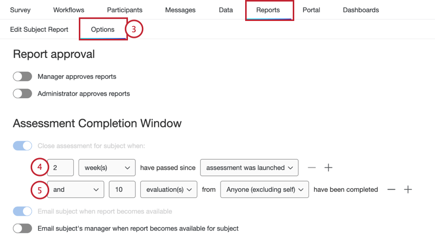 Navigating to the Reports tab and then the options section to set the completion window timeframe