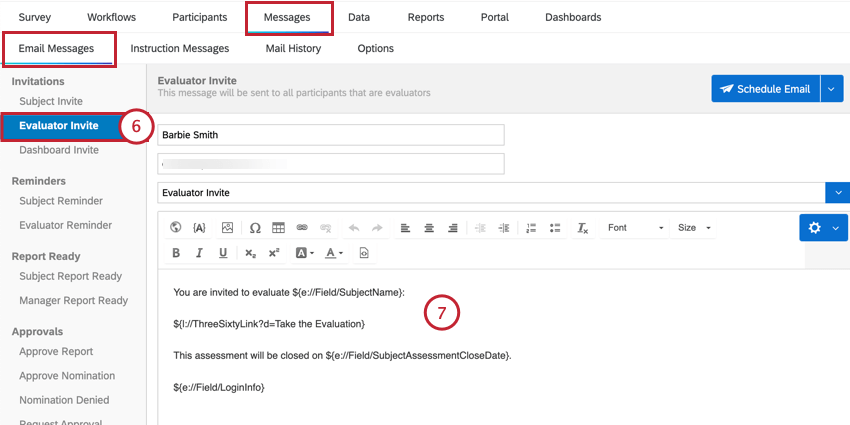 Navegar a los mensajes del evaluador y personalizar el mensaje de invitación.