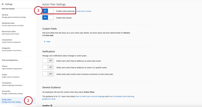 ダッシュボードでのアクションプランの有効化