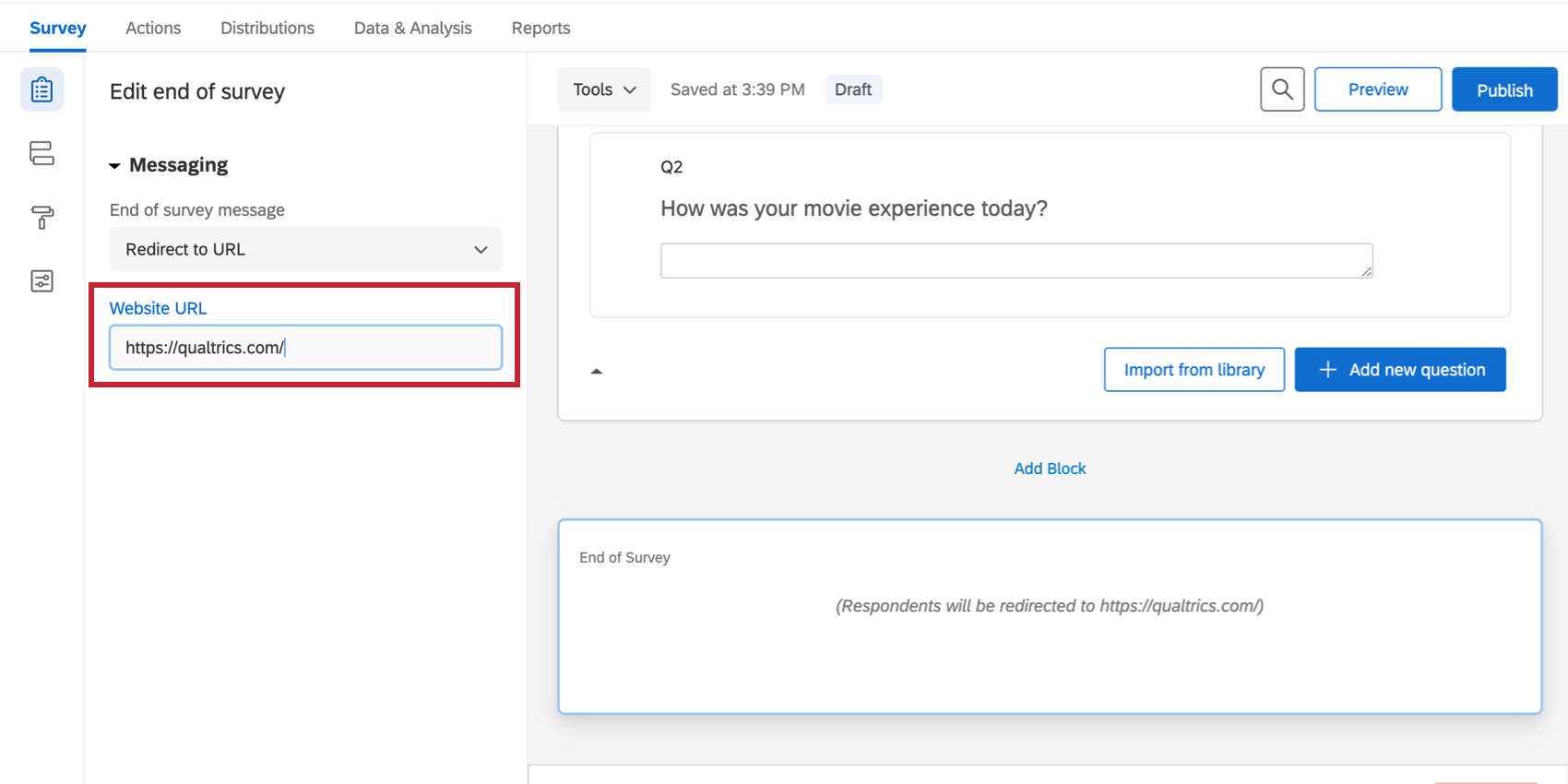 Redirect to a URL is selected, field for pasting a URL appears to the left in the editing pane