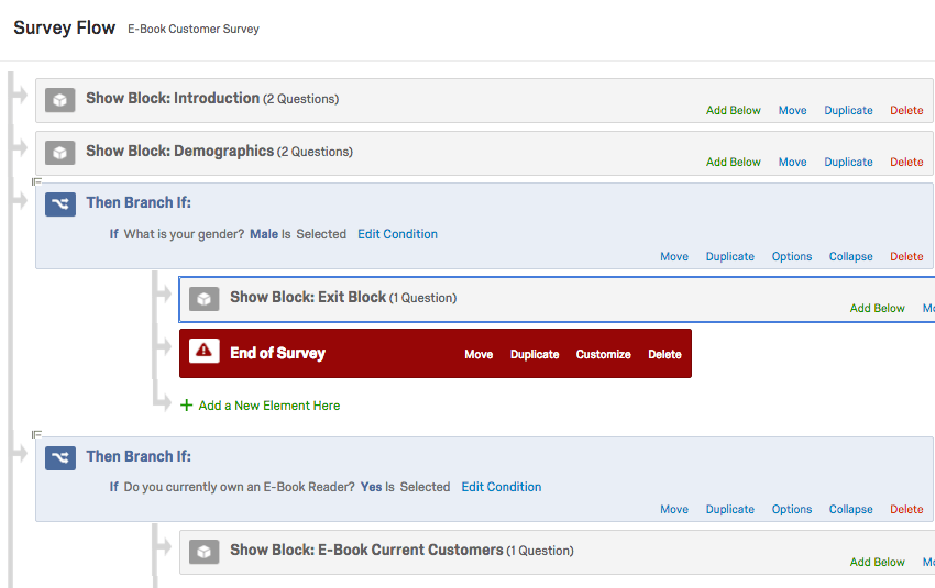 Une branche qui indique que si le répondant est un homme, il va dans un bloc appelé Bloc de sortie et ensuite dans un Fin denquête