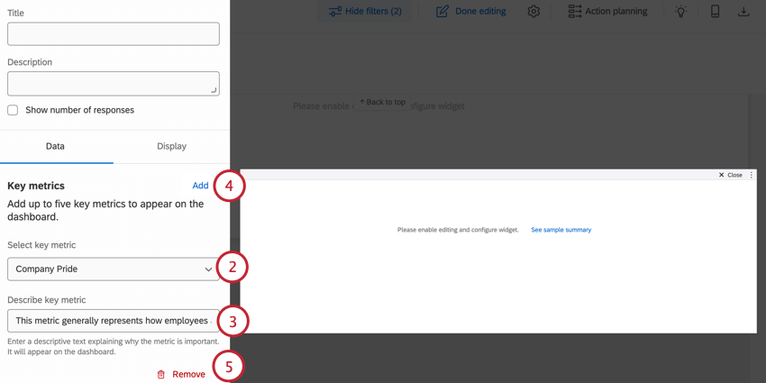 escolher uma métrica, adicionar uma descrição e adicionar métricas adicionais