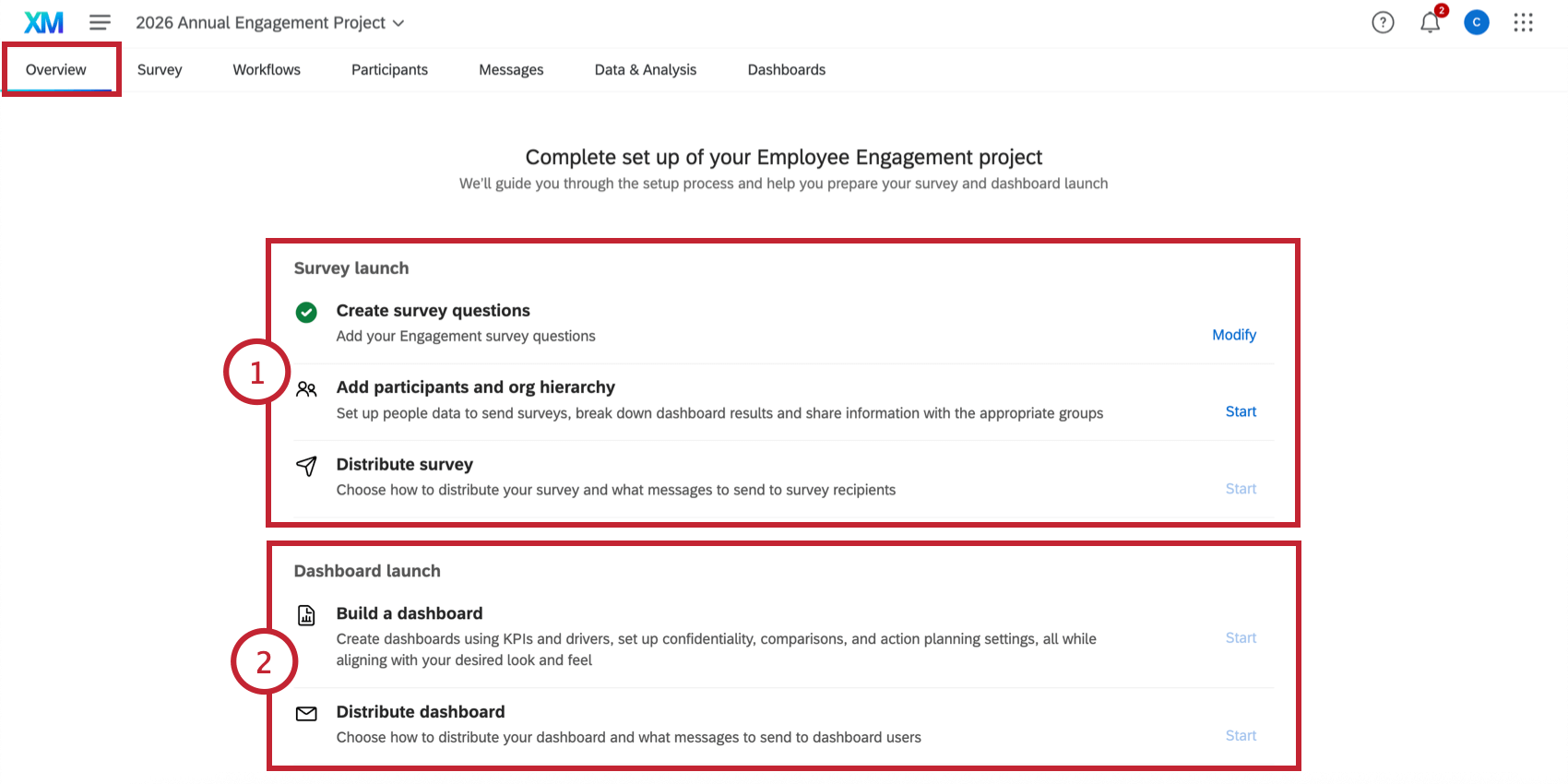 Die Registerkarte Übersicht in einem ENGAGE Projekt