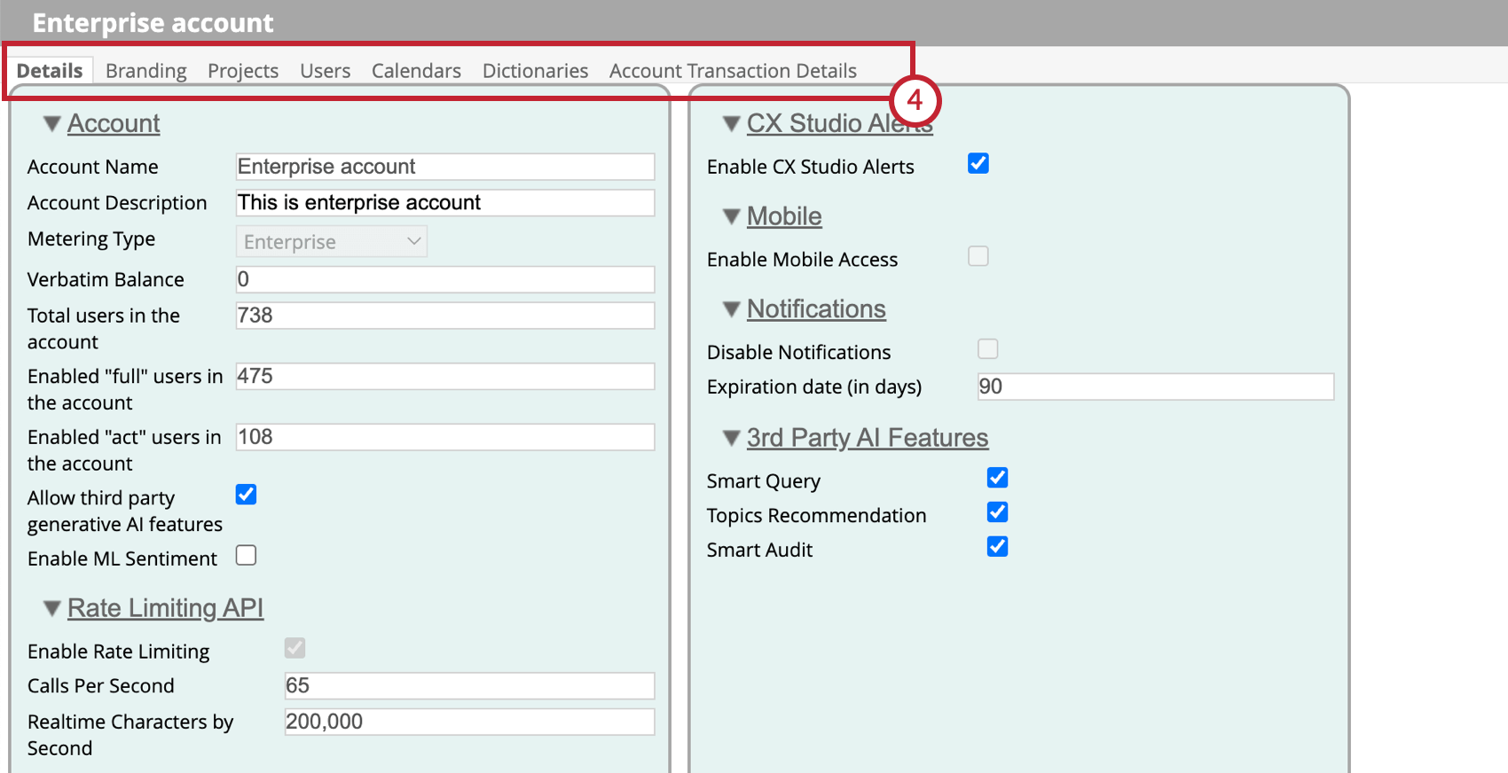 The different sections of account settings