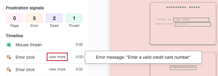 Mensaje de error específico que se muestra al pasar el cursor sobre un clic de error en la línea de tiempo