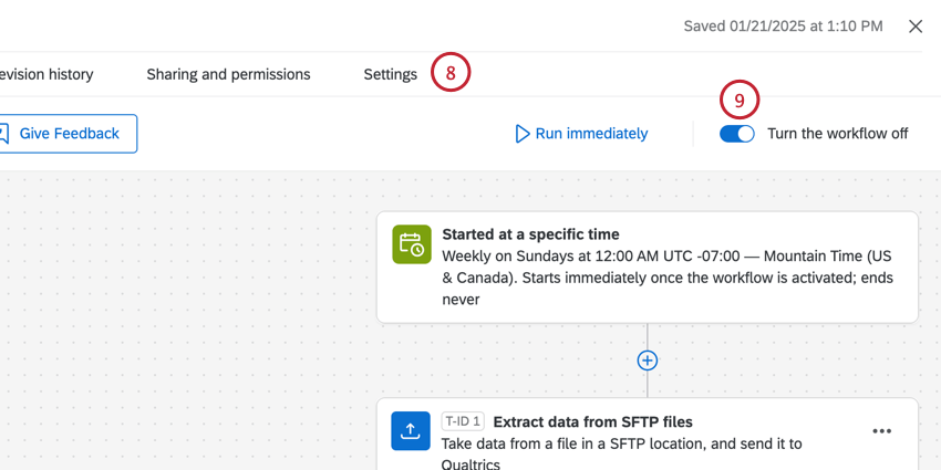 the settings tab and on/off toggle are located at the top of the page