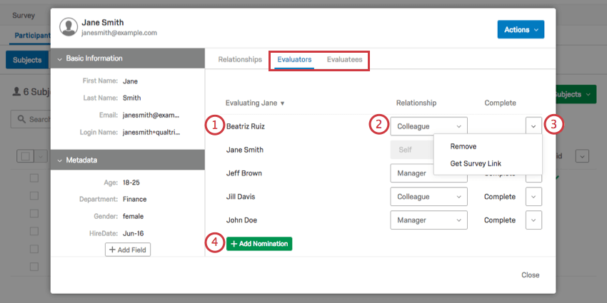 Evaluators and Evaluatees tab within the Participant Information Window