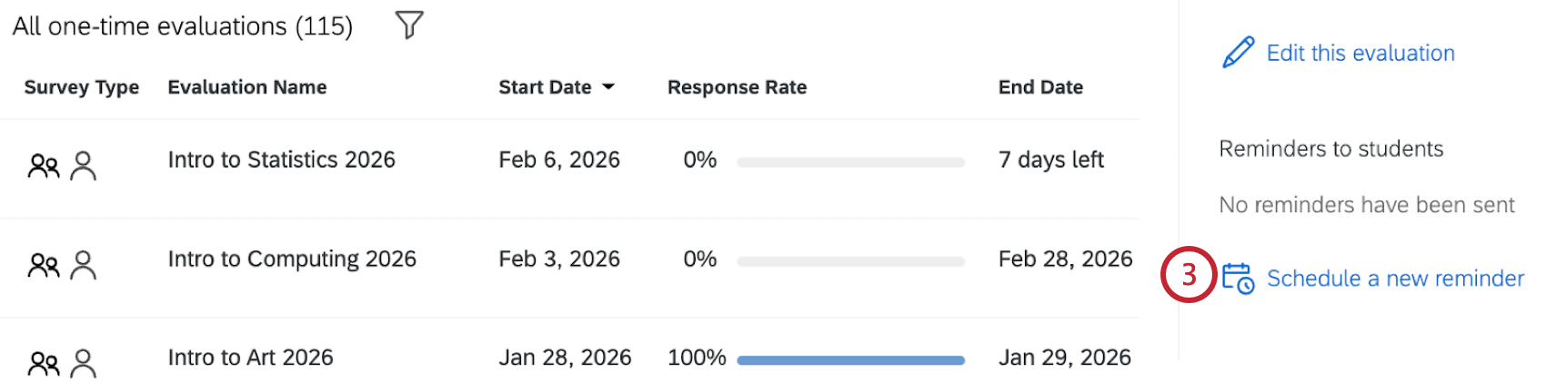"schedule a new reminder" button highlighted within the additional details window of an evaluation