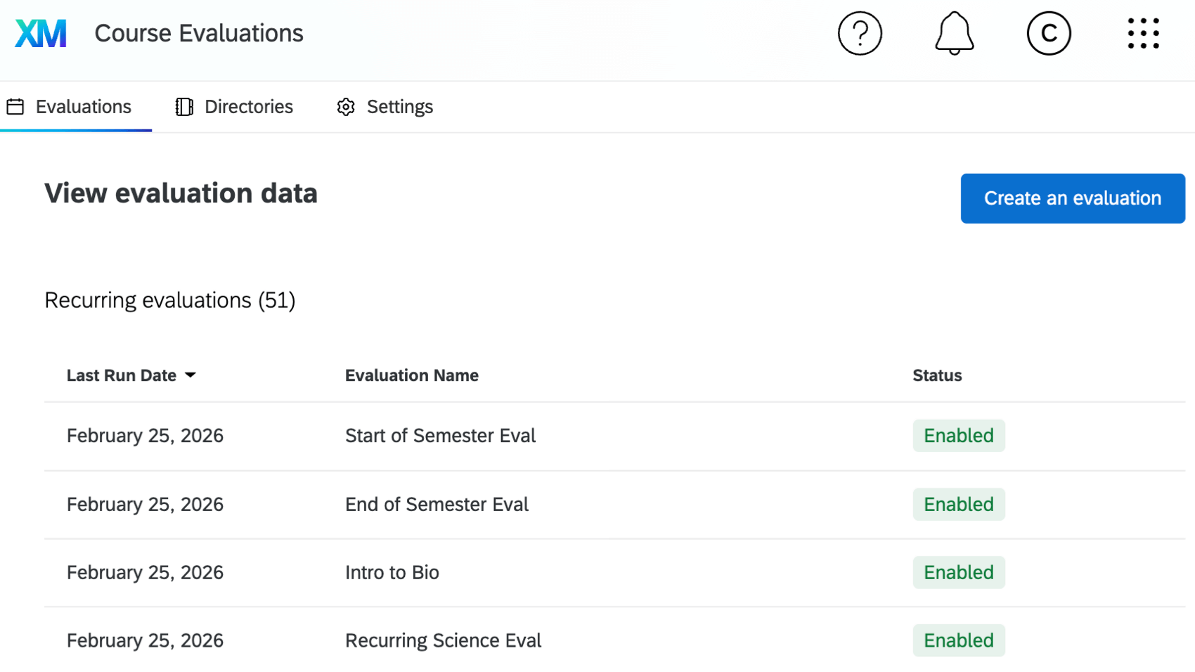 overview of the evaluations tab