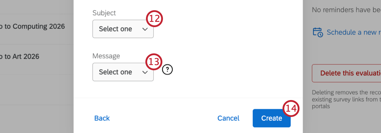 dropdowns to select a pre-created subject and message for the email reminder