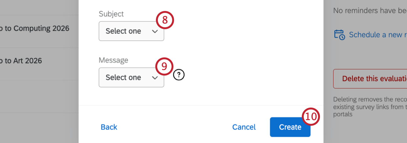 dropdowns to select an email subject and email message for the reminder