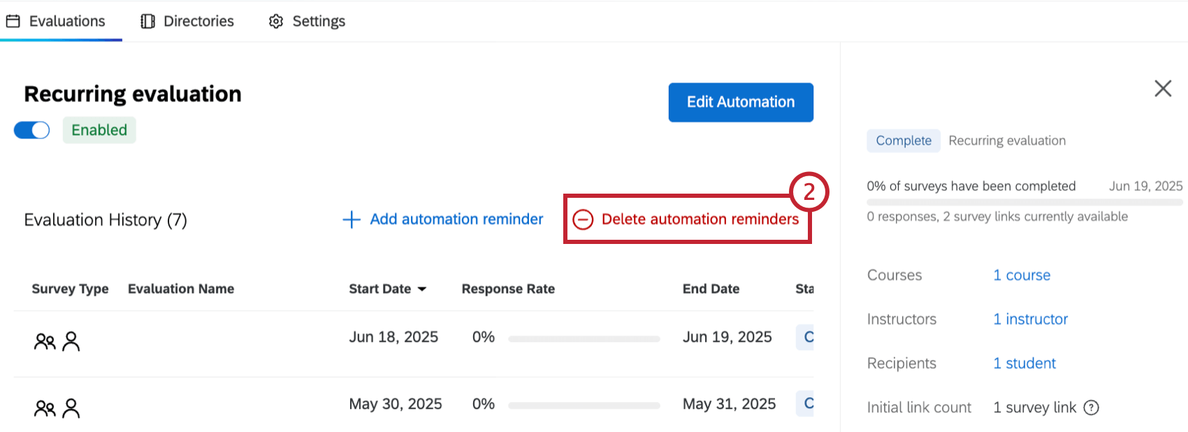 button to delete automation reminders at the top right of a recurring evaluations evaluation history