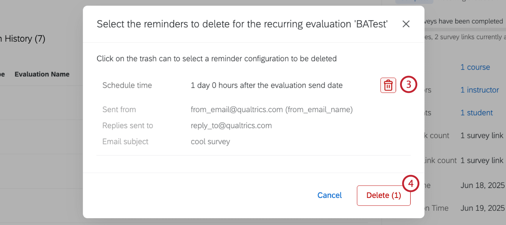 trash icon highlighted next to a recurring evaluation reminder