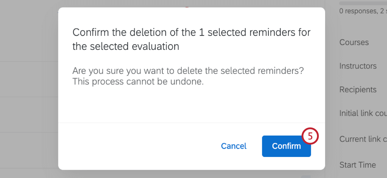 "confirm" button at the bottom right of the pop-up window to delete an evaluation reminder