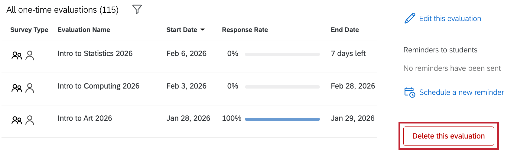 "delete this evaluation" button within the information window of a one-time evaluation