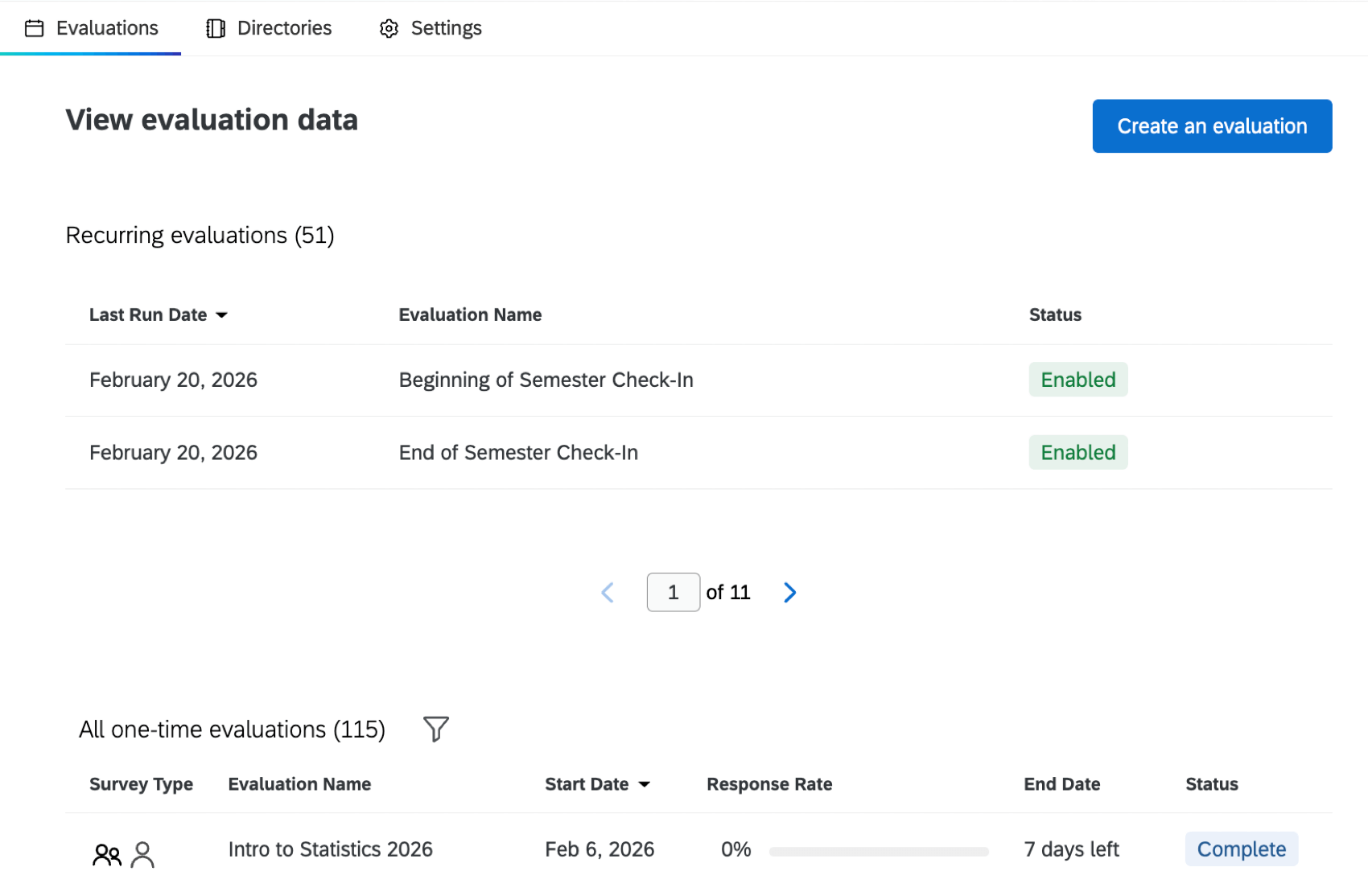 the "view evaluation data" table within the evaluations tab
