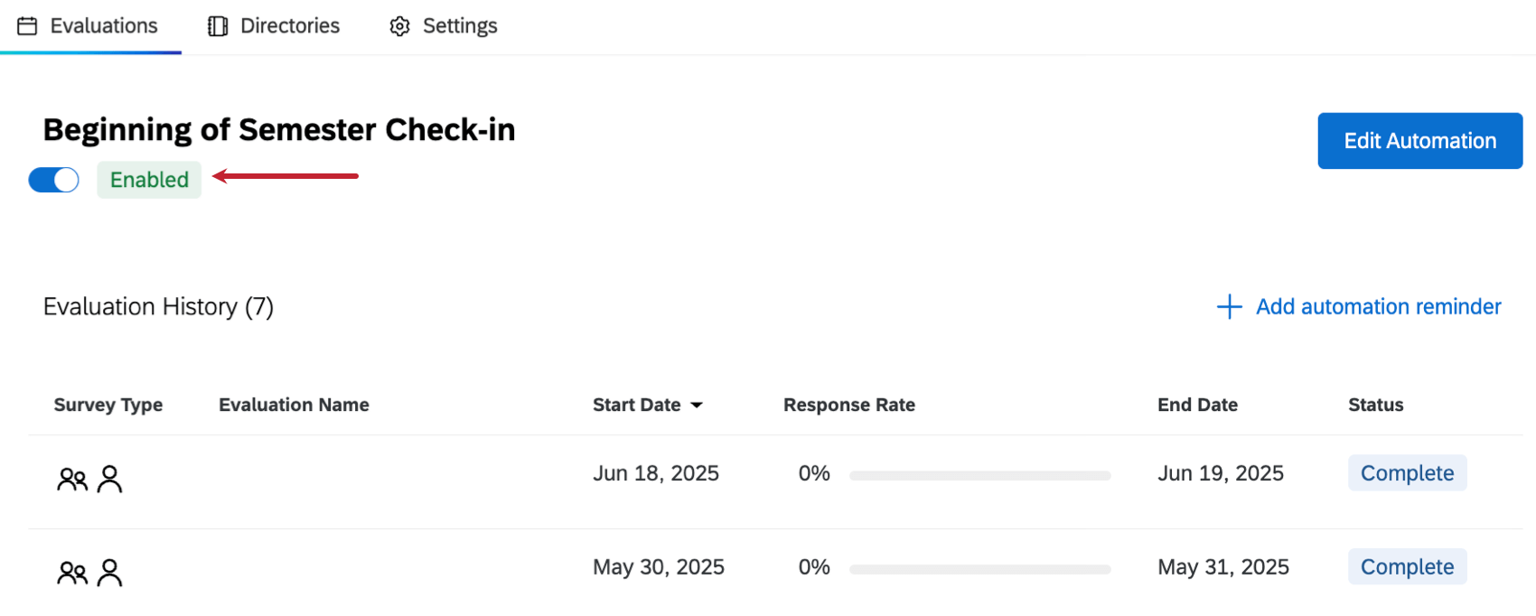arrow pointing towards the "enabled" status and toggle at the top left of a recurring evaluation