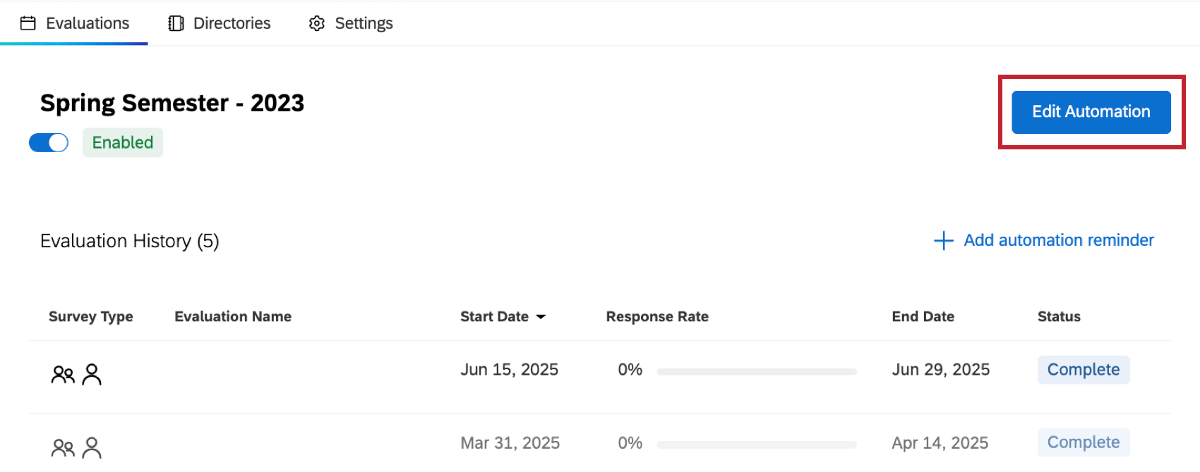 "edit automation" button highlighted within the evaluations tab