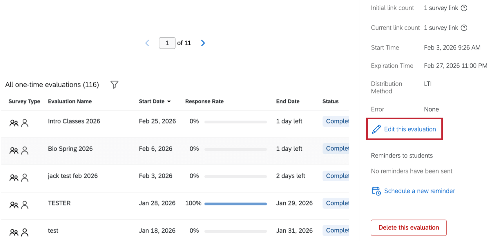 "edit this evaluation" highlighted within the one-time evaluation information window