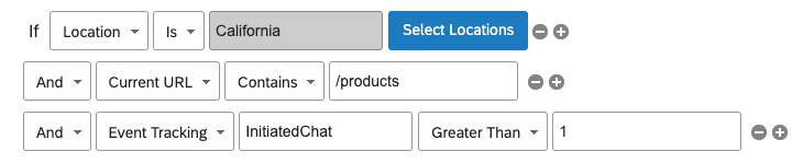 La condition stipule que si la localisation est la Californie, si lURL actuelle contient des produits et si la valeur de lévénement de suivi InitiatedChat est supérieure à 1, le Créatif saffichera.