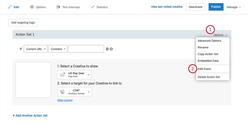 Options (Opções) é selecionado na extremidade direita de uma barra de ferramentas de ações, revelando a opção Add Evento (Adicionar evento )