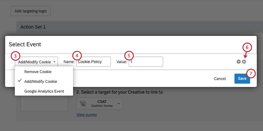 Selezionare la finestra Evento in cui il primo campo viene abbassato per rivelare Rimuovi cookie, Aggiungi cookie di modifica ed Evento google analytics