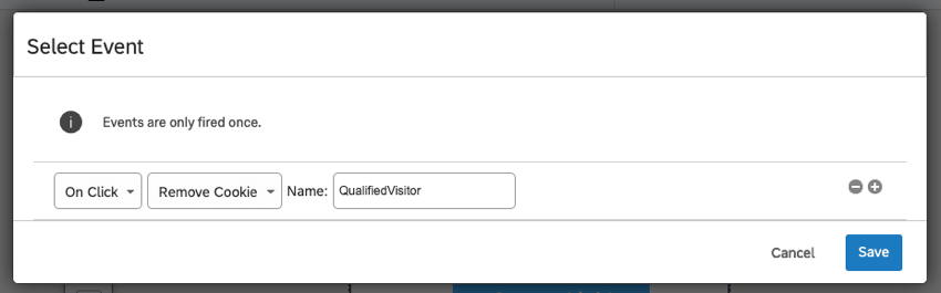 Selected Event window says the cookie named QualifiedVisitor will be removed on click