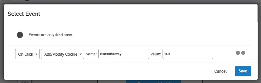 The event is set so that the cookie StartSurvey will be added or modified on click