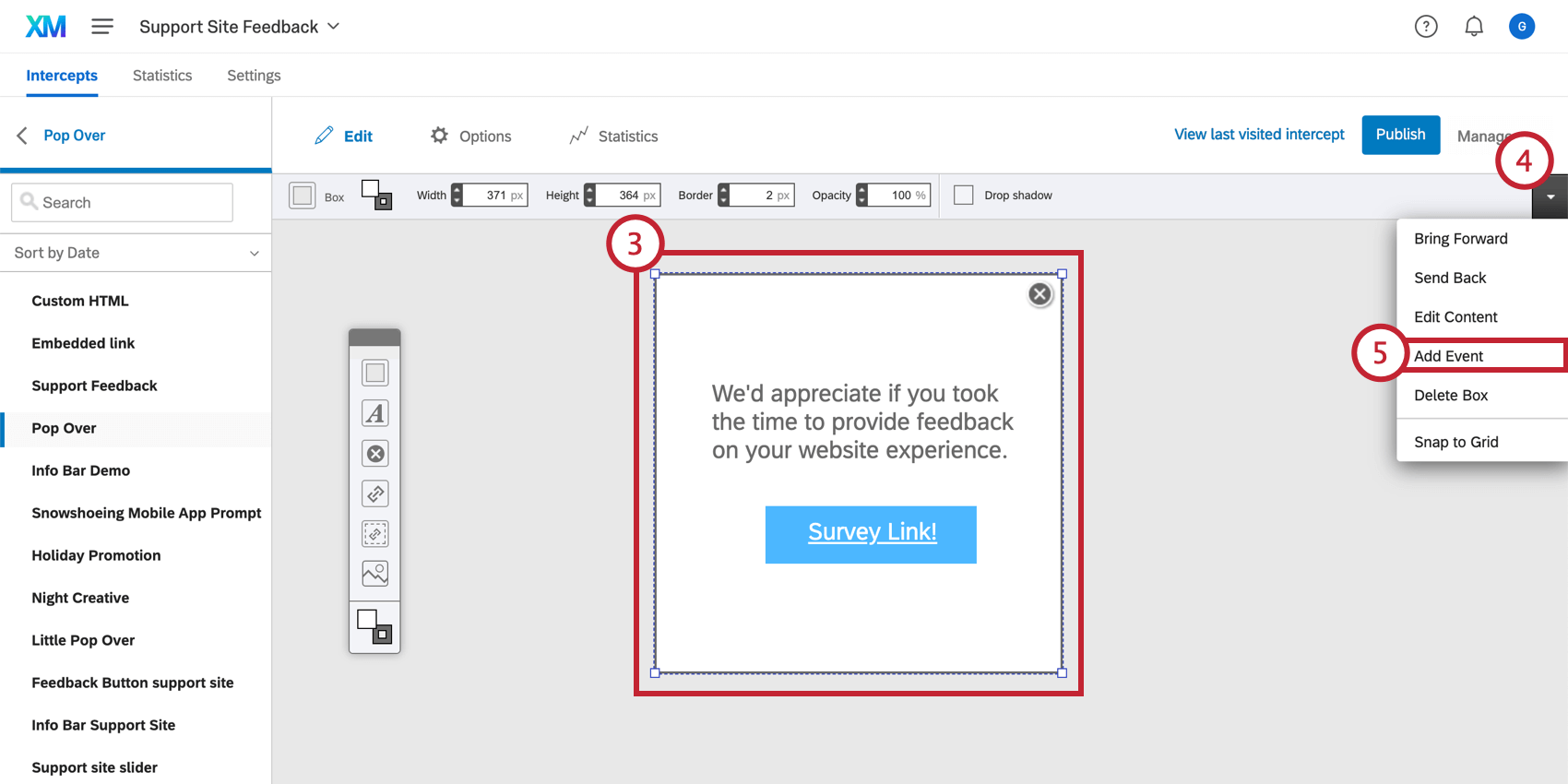 Hinzufügen der Ereignis zu einem Creative über das Dropdown-Menü oben rechts