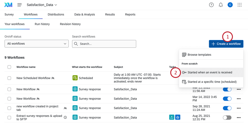 In the workflows tab, clicking "create a workflows" and then "started when an event is received"