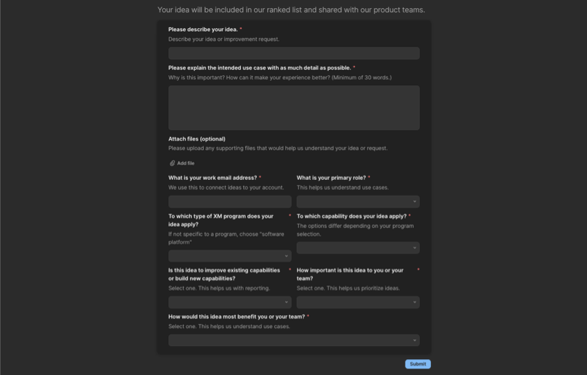 form for providing information about your product idea