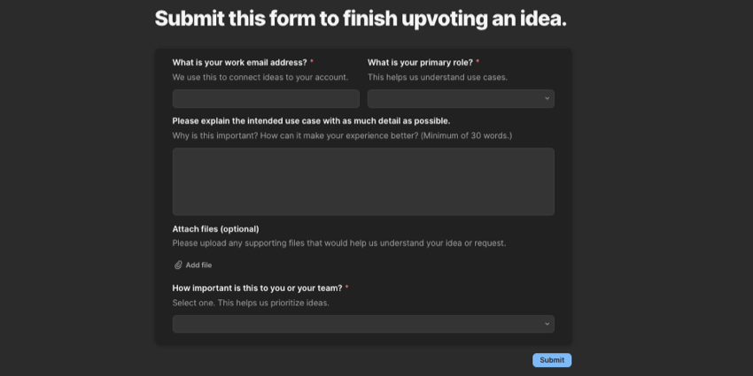 a submission form providing additional details about upvoting an idea