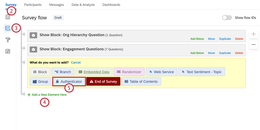 navigating to survey flow, adding an element, and selecting authenticator