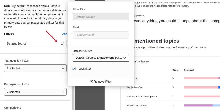 Aggiunta di un filtro a un widget per limitare lorigine del set di dati. Il filtro è bloccato