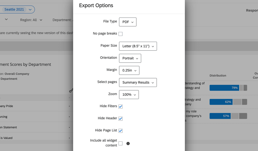 Las opciones de exportación para una exportación del Tablero