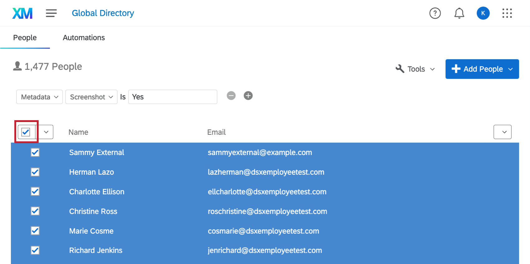 selezionando tutti i contenuti della directory