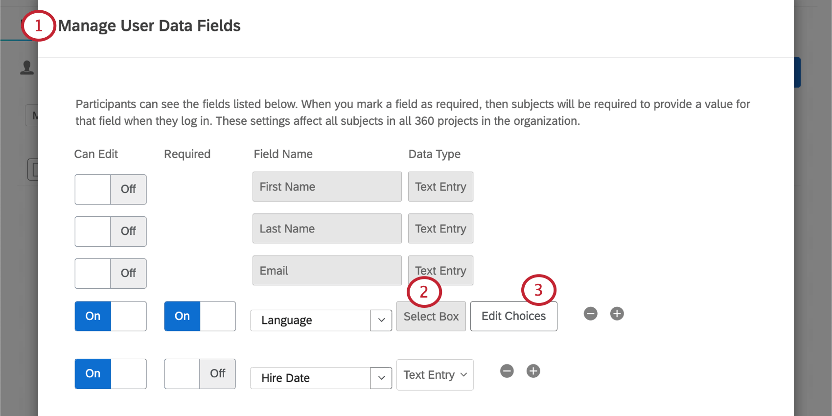 Manage User Data fields（ユーザーデータフィールドの管理）ウィンドウのSelect Box（選択ボックス）オプションを使用する。