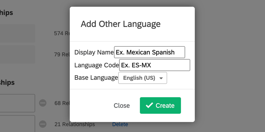 adicionar um idioma personalizado. digite o nome de exibição, código de idioma e o idioma base